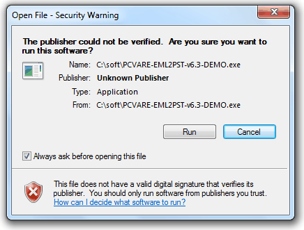 PCWARE file does not have a valid digital signature that verifies its publisher.